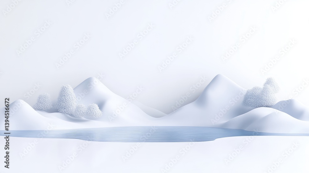Poster snowy landscape frozen trees minimalist style high-resolution render wide panoramic view subtle text