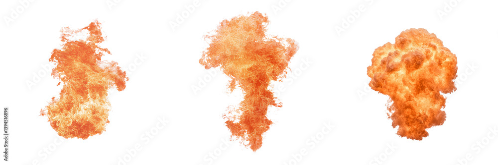 Poster Isolated minimalist mockups of three distinctive fire explosion effects with varying shapes and sizes