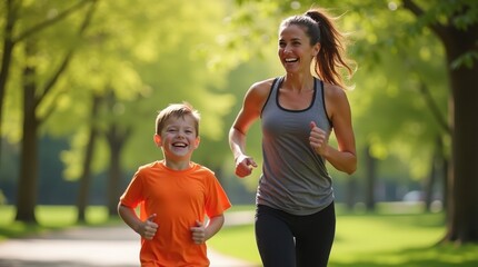 Mother and son running together in a park. Fitness, family, healthy family lifestyle