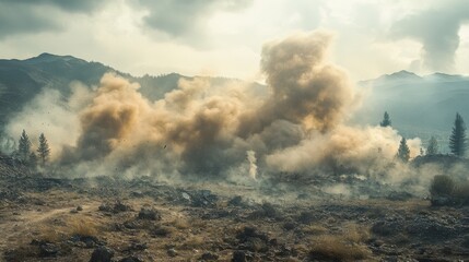 Fototapeta premium The image depicts a dramatic scene of smoke and dust rising from a rocky landscape, suggesting an explosion or natural disturbance amid a mountainous backdrop.
