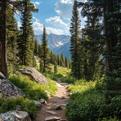 Obraz premium Hiking adventure in the rocky mountains nature trail photography serene landscape midday sunlight