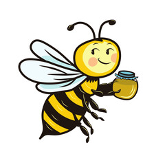 Drawing in a children's style. Bee with a jar of honey. Can be both an independent drawing and for creating a composition.
