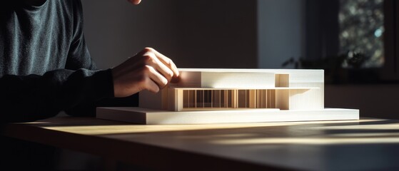 A model of a modern architectural structure is examined closely, highlighting precision and meticulous design under soft, natural light.