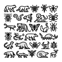 Decorative vector set of animal and nature elements for design with silhouettes, patterns, and tribal symbols featuring dragon, cat, horse, bird, fish, and floral motifs