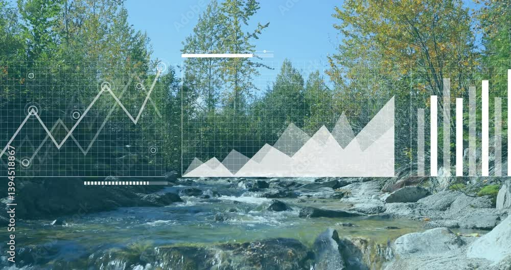 Poster animating graphs and charts over forest river landscape in tranquil setting
