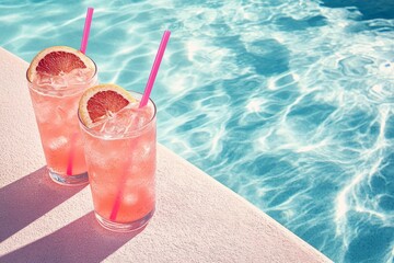 Refreshing grapefruit cocktails with pink straws by a sparkling swimming pool