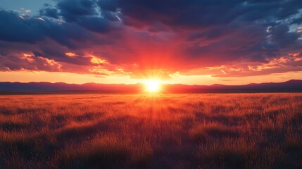 Fototapeta premium A breathtaking sunset over a vast field, with vibrant colors illuminating the sky and reflecting on the grass, creating a serene and picturesque landscape.