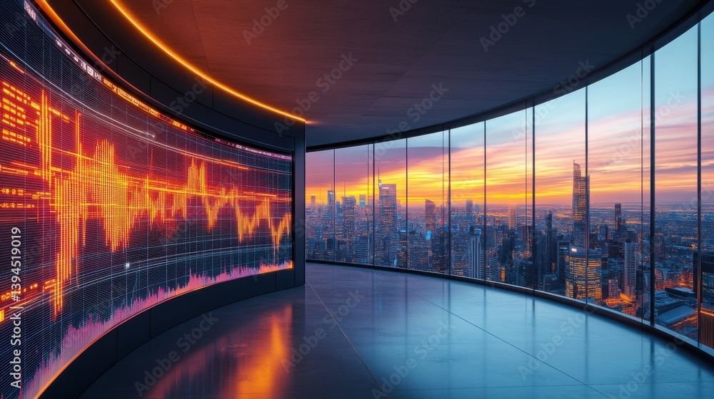 Poster a modern cityscape at sunset features a high-tech display showcasing data against a panoramic view o