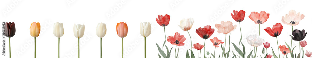 Poster Minimalist mockup of flowers showcasing a diverse array of tulips in vibrant colors against a plain background