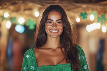 Woman in festive green dress celebrating St. Patrick’s Day