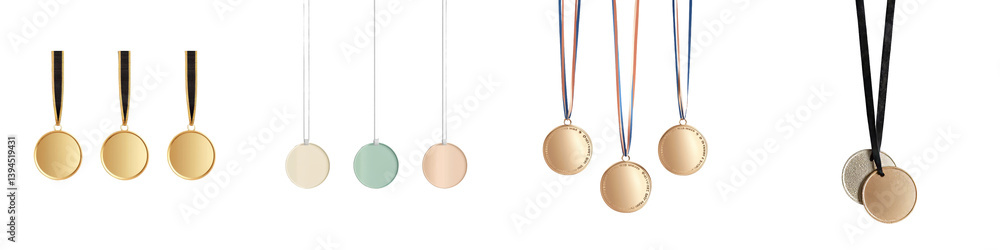 Poster minimalist mockups of isolated medals showcasing various colors and ribbon styles for design inspira