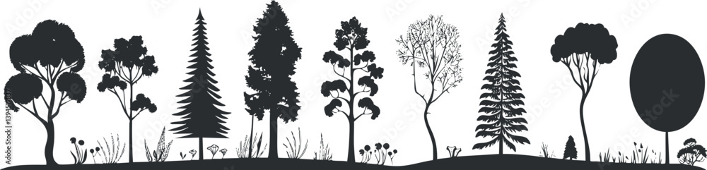 Poster silhouette of various trees in a minimalist style, showcasing diverse shapes and forms.