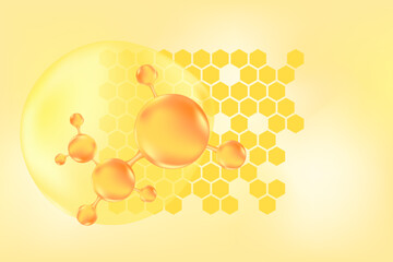 Gold honey serum, collagen molecule peptide or hyaluronic acid. Vitamin solution complex with honeycomb texture. Yellow glowing watercolor gradient background for beauty treatment, nutrition skin care