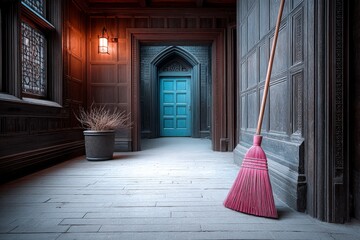 A cursed cleaning brush sweeping by itself in an abandoned castle