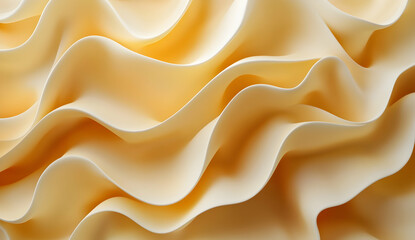 3D render of a yellow abstract background with wavy elements. Golden and beige colors. Close-up view. Minimalist design