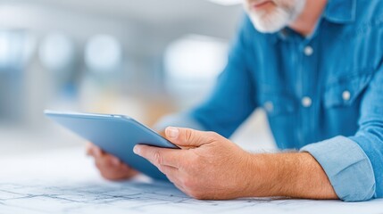 A man examines a tablet while studying blueprints, showcasing a blend of technology and planning in a professional setting.