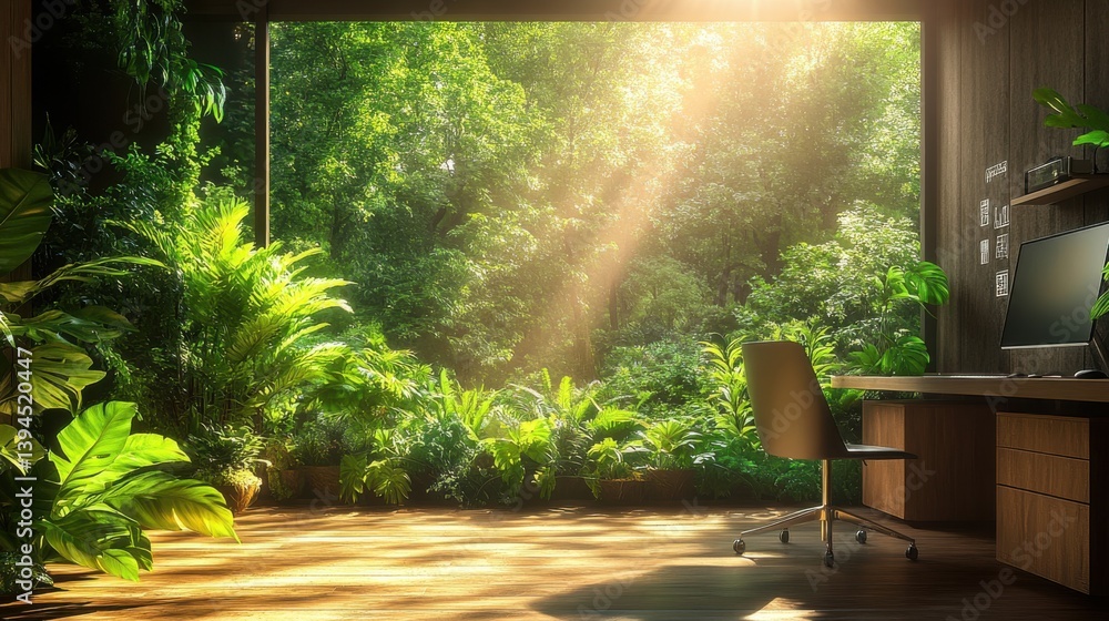 Poster a serene workspace with lush greenery outside, illuminated by sunlight, creating a calm and inviting