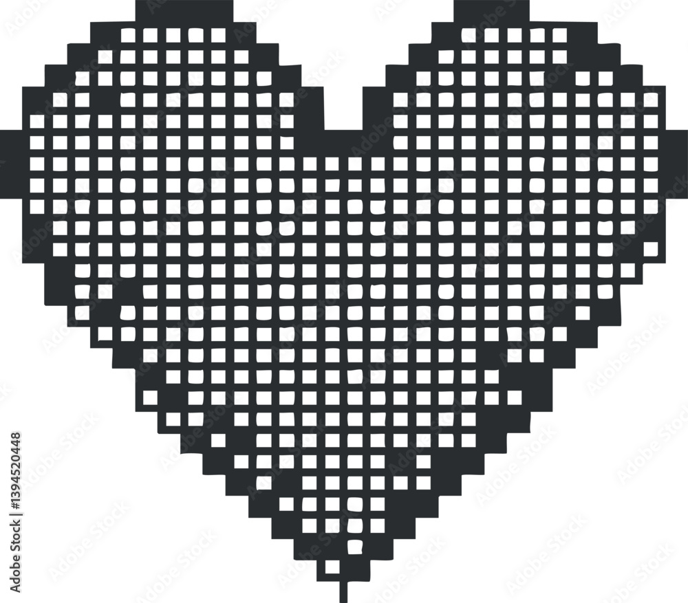 Poster pixelated heart shape in black and white, featuring a grid pattern for digital design.