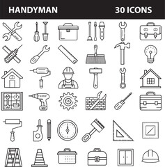 Obraz premium Construction Icons Set Featuring Tools, Equipment, and Symbols. Linear icon collection. 