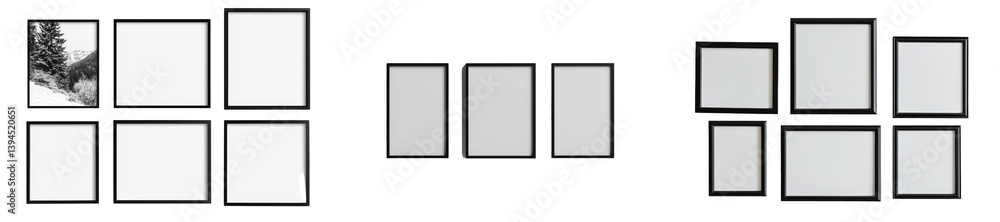Poster Minimalist mockups of isolated black frames for creative display and design purposes in various arrangements