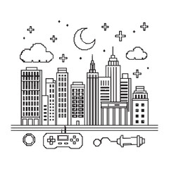 On a white background illustrate a black and white coloring book line art of A scene of a retro-style subtle pixelated city skyline, featuring blocky skyscrapers with intricate window patterns.