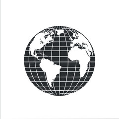 Black and white globe illustration with grid lines and continents on a white background.