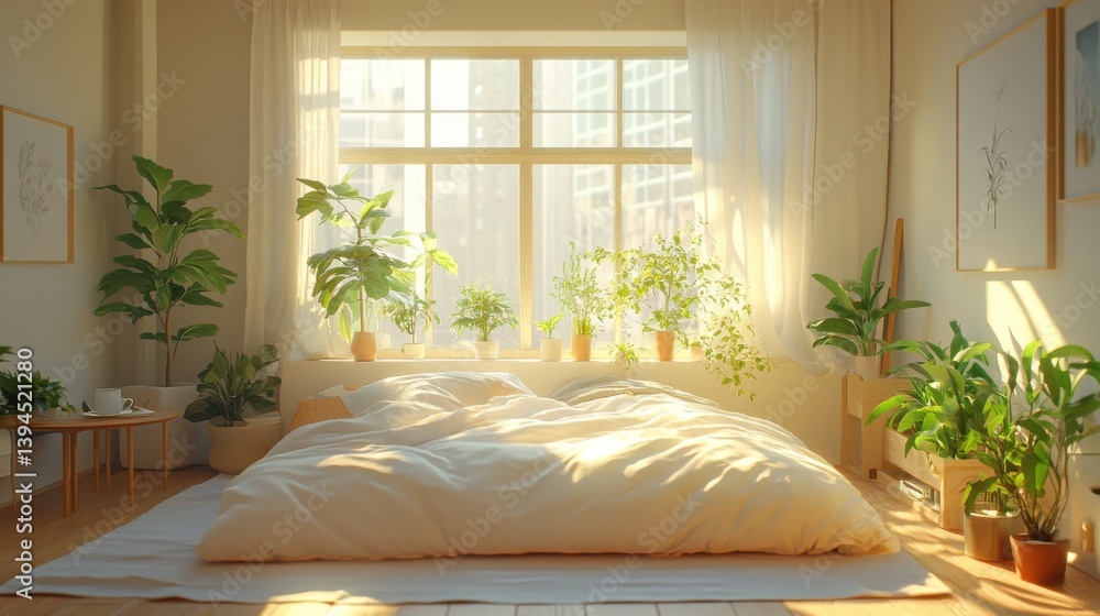 Poster a serene bedroom filled with sunlight, featuring a large bed and an array of vibrant plants, creatin