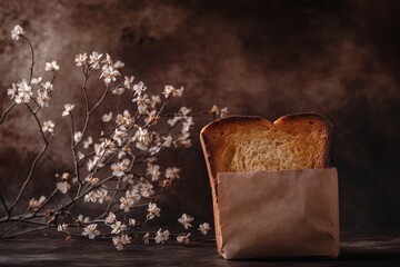 Golden Toast Slice Emerging From A Paper Bag Beside Flowers