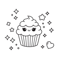 Bold & Easy: On a white background, illustrate a black and white coloring book line art with smooth, thick, bold outlines of a simple smiling cupcake.