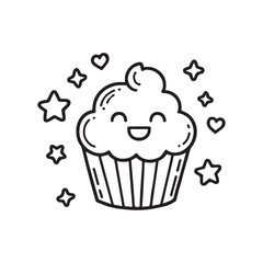 Bold & Easy: On a white background, illustrate a black and white coloring book line art with smooth, thick, bold outlines of a simple smiling cupcake.