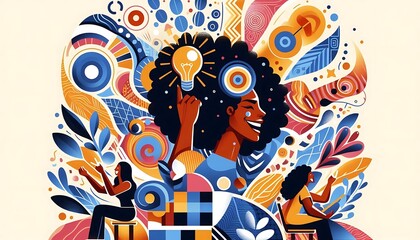 Creative Black Woman with Idea Lightbulb - Abstract Empowerment & Innovation