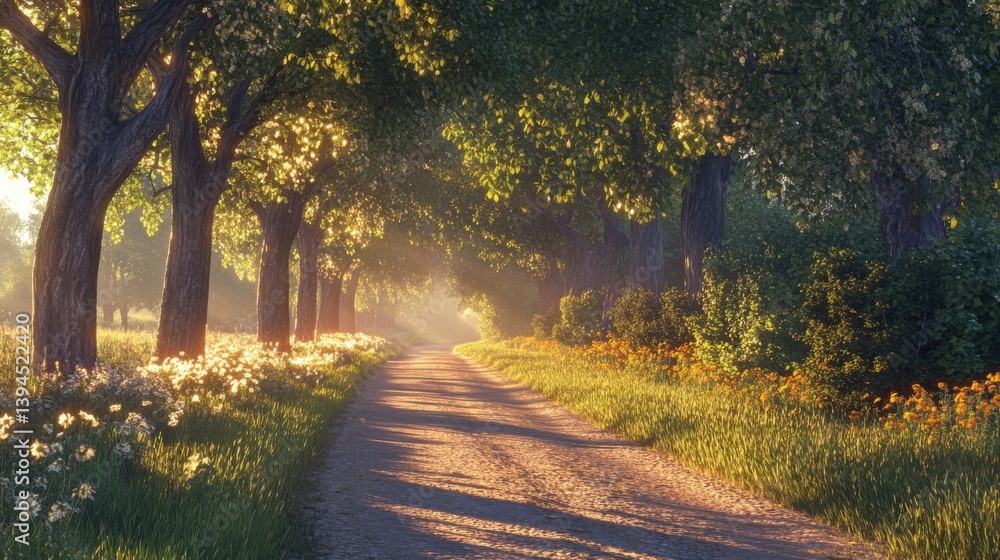 Poster a serene path lined with trees and flowers, illuminated by soft sunlight, creating a tranquil and in