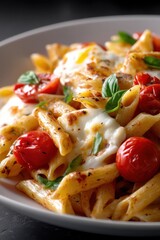 An appetizing baked pasta dish with melted cheese and roasted cherry tomatoes, garnished with fresh herbs for a feast.