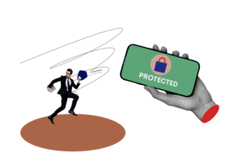 Creative collage poster running businessman guy hold key smartphone web data protection fraud prevention internet security