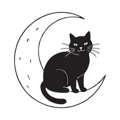 On a white background illustrate a black and white coloring book line art of a simple black cat sitting on a crescent moon, on a simple white background