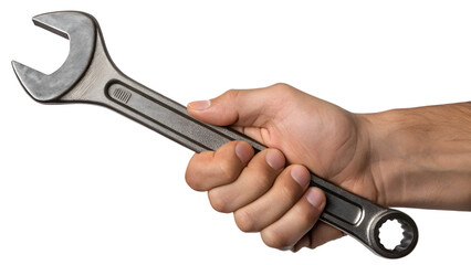 Steel wrench held in human hand