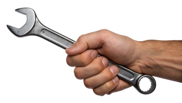 Steel wrench held in human hand