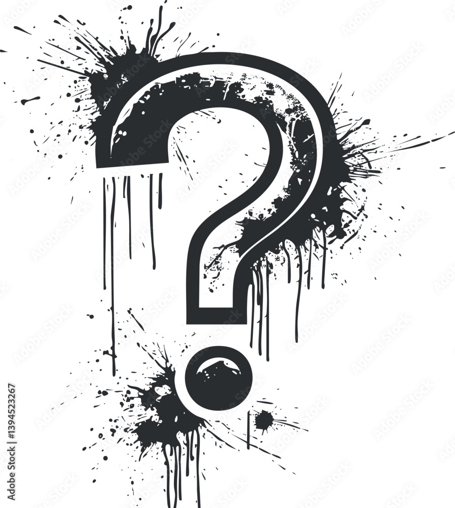 Poster grunge-style question mark with ink splatter design in black and white.
