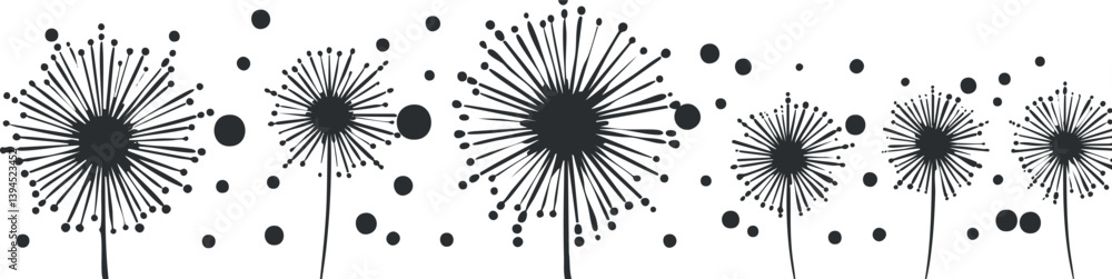 Aufkleber silhouette of dandelions with abstract circular patterns in a minimalist black and white design.
