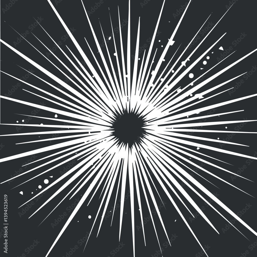 Poster dynamic abstract starburst pattern with white jagged lines on a black background.