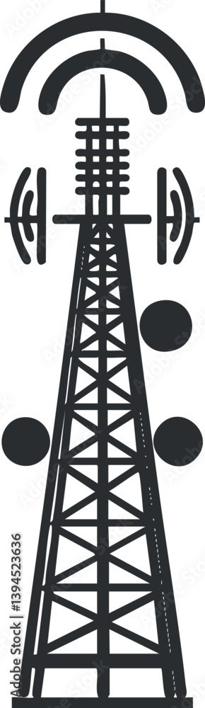 Poster silhouette of a communication tower with signal waves, representing wireless network and transmissio
