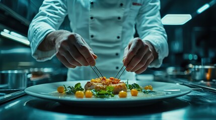 Fototapeta premium The artistry of gourmet plating, chef meticulously finishes dish with tweezers in professional kitchen environment