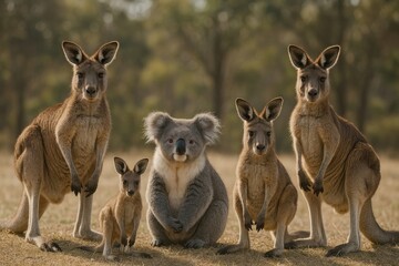 Kangaroos and koala together outdoors.