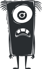 Black and white illustration of a tall, one-eyed cartoon monster with a frowning expression.