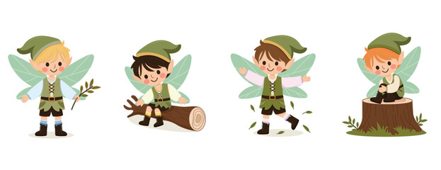 Cute forest fairy boy with wings on white background. Poster, Banner, Flyer, Greeting Card. Vector illustration in flat cartoon style