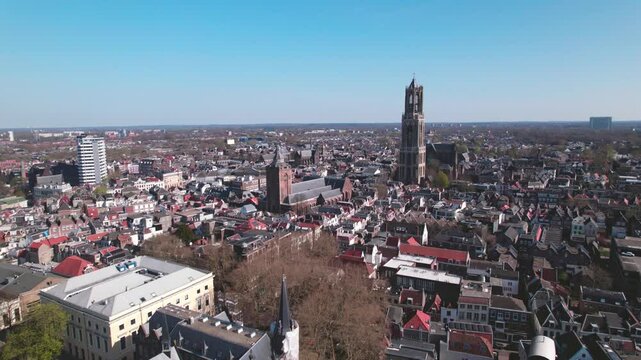 Utrecht town аerial drone view from above, typical Dutch city skyline, Utrecht cityscape with Dom tower, canals and houses, Holland, Netherlands