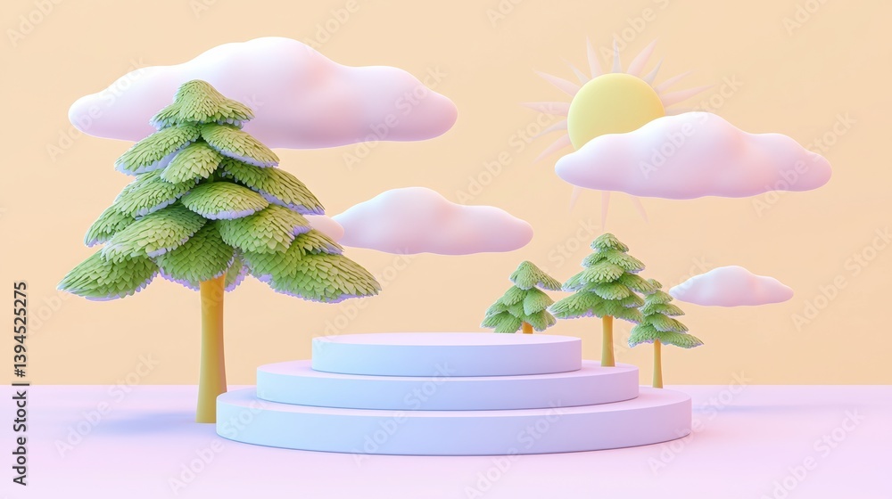 Poster whimsical nature scene with trees and clouds outdoor setting 3d render bright environment playful co