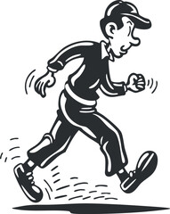 Black and white cartoon illustration of a man jogging, capturing movement and energy.