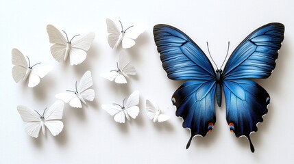 Fototapeta premium A vibrant blue butterfly stands out amidst a cluster of white butterflies on a white background.