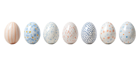 Isolated minimalist mockups of decorative eggs showcasing various patterns and colors on a light background